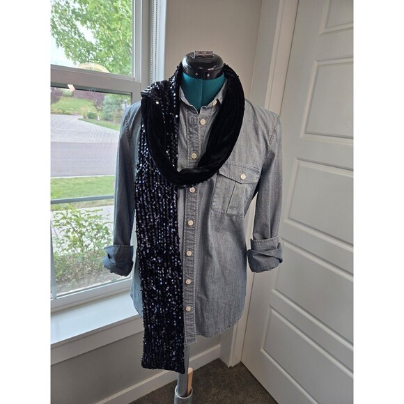CHICO'S FANCY SPARKLE OBLONG SCARF BLACK SEQUINS BLACK VELVET WOMEN OS BLACK TIE - Picture 4 of 12